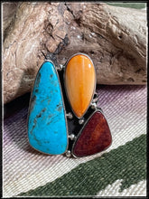 Load image into Gallery viewer, Sterling silver ring with turquoise, orange and purple spiny oyster
