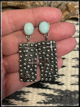 Load image into Gallery viewer, Geneva Apachito, sterling silver and Dry Creek turquoise post earrings with the Dot &amp; Cross pattern
