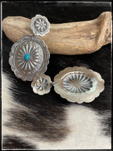 Load image into Gallery viewer, Arnold Blackgoat sterling silver concho earrings and turquoise center stones on french wires.
