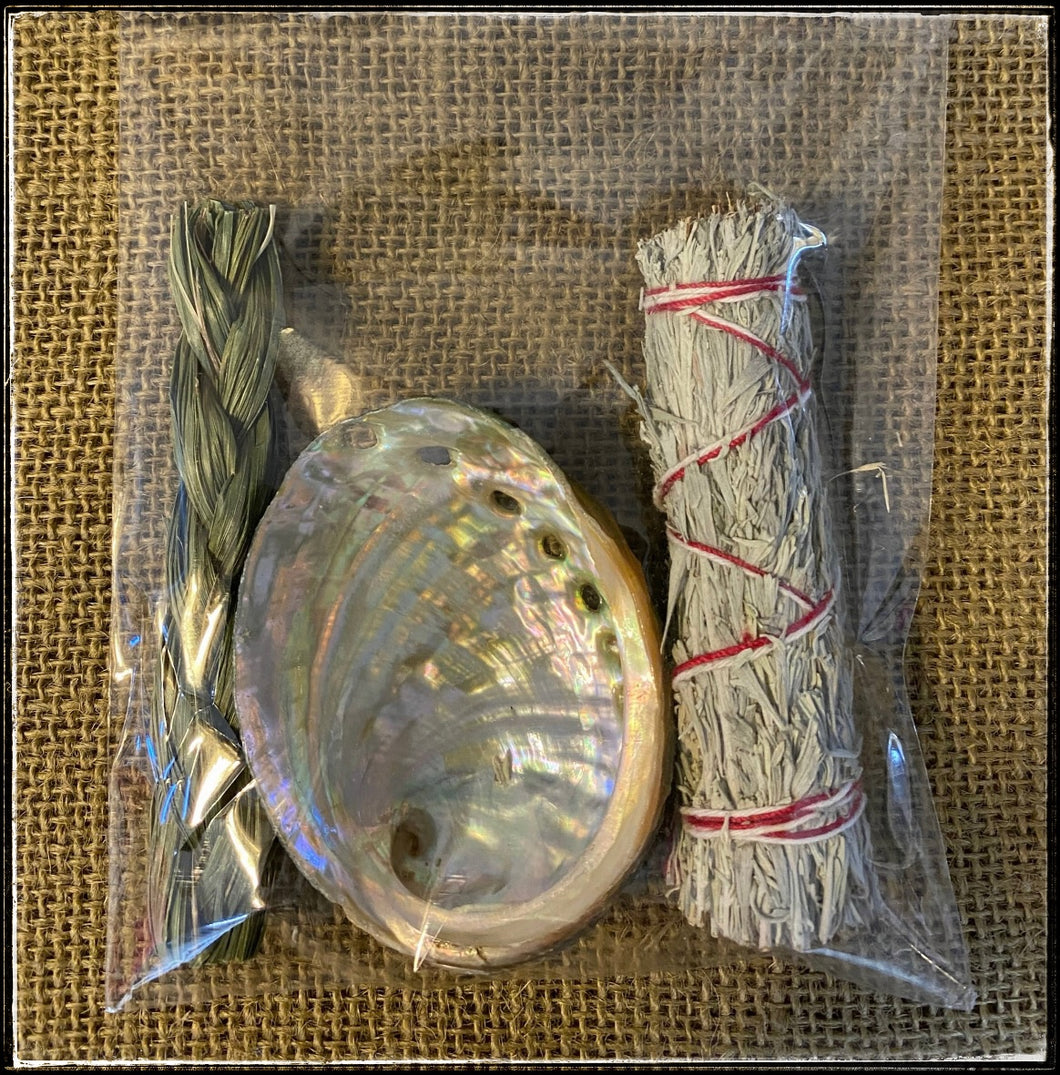Braided Sweetgrass, mini Abalone shell, and Desert Sage smudge kit