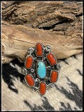 Load image into Gallery viewer, Priscilla Reeder, sterling silver and coral  and turquoise cluster ring, sz. 8
