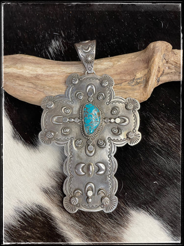 Dean Sandoval sterling silver xl cross pendant with center turquoise stone
