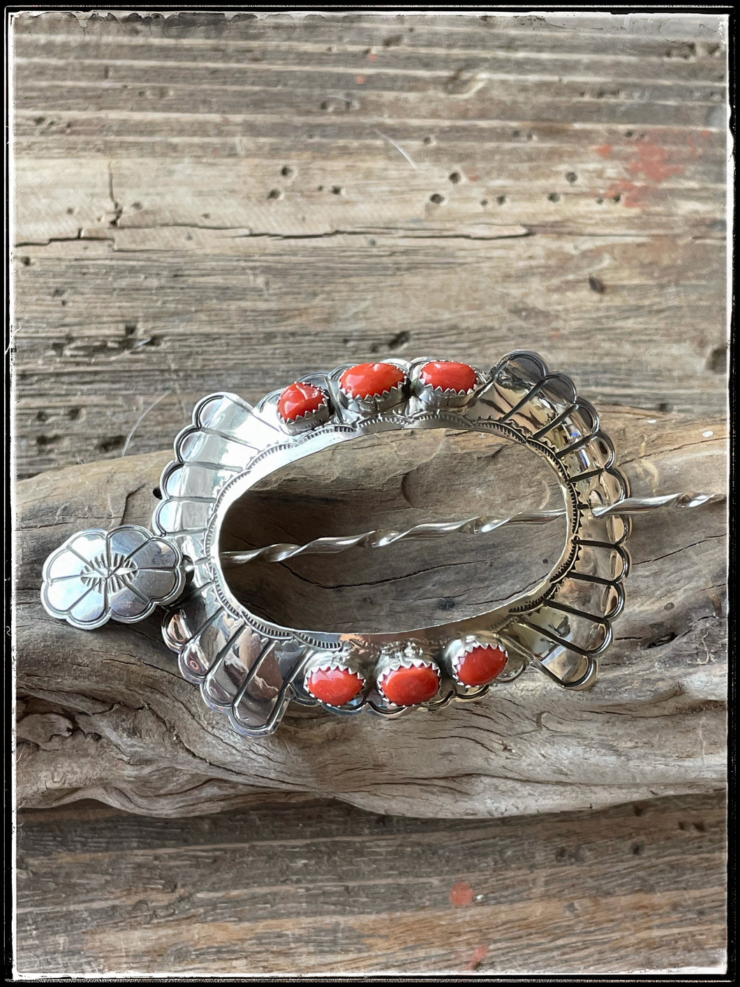 Joann Silver sterling silver and coral hair pin.