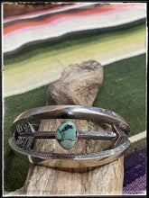 Load image into Gallery viewer, Kevin Yazzie sterling silver and turquoise tufa cast arrow cuff
