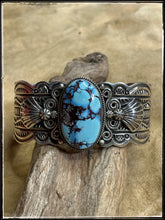 Load image into Gallery viewer, Darrell Cadman sterling silver and Golden Hills turquoise cuff
