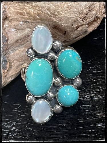 Sterling silver, Mother of Pearl, and Campitos turquoise cluster ring Sz. 8