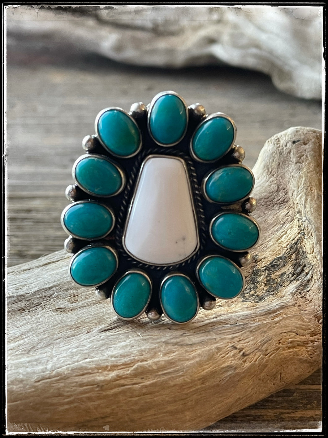 Darrell Cadman Sterling Silver, Turquoise and White Buffalo Ring