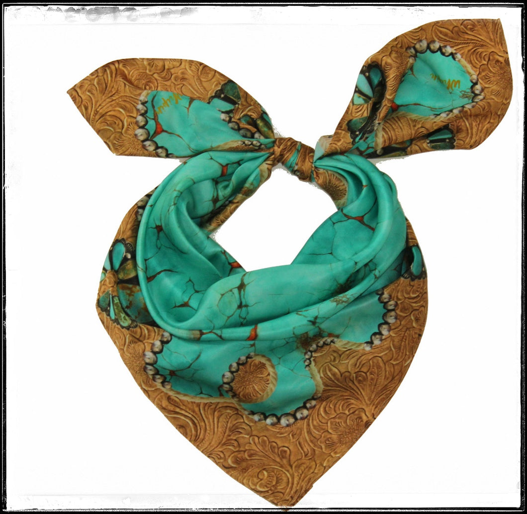 Western inspired, tooled leather and turquoise print wild rag