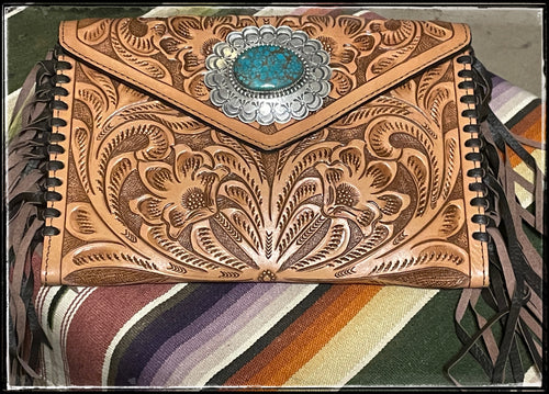 Natural tooled leather envelope clutch with handmade sterling concho and Pilot Mountain turquoise by Ernest Reeder