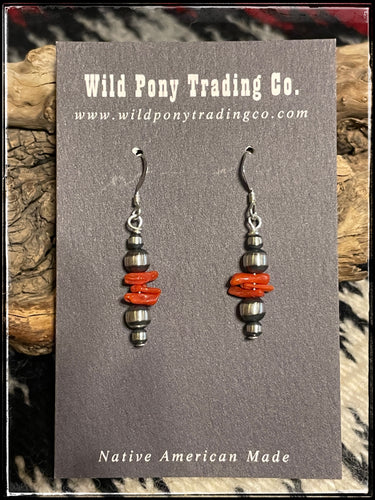 Sterling silver beads and coral stick earrings, Navajo made