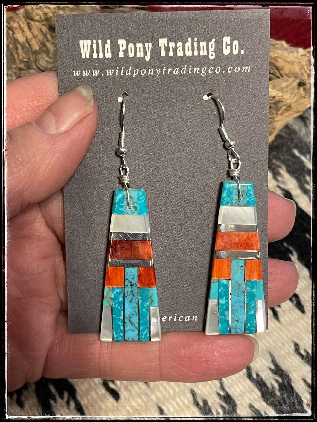 Daniel Coriz, Santo Domingo artist - inlay earrings with turquoise, mother of pearl, orange spiny oyster,  and sterling silver
