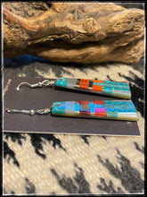Load image into Gallery viewer, Daniel Coriz, Santo Domingo artist - inlay earrings with turquoise, mother of pearl, orange spiny oyster,  and sterling silver
