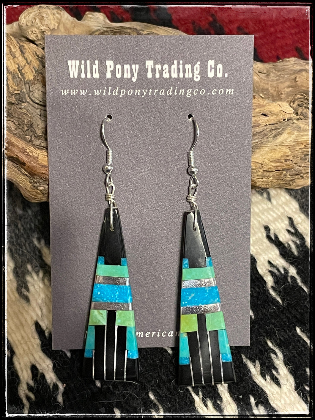 Daniel Coriz, Santo Domingo artist - inlay earrings with turquoise, onyx, and sterling silver