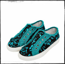 Load image into Gallery viewer, Metallic turquoise and black, hair on hide sneakers
